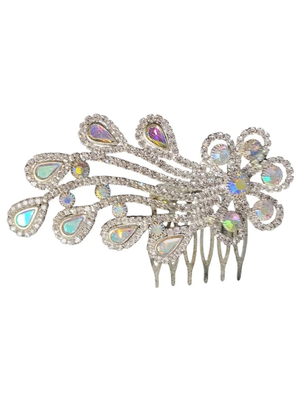 Silvertone Aurora Borealis & Clear Crystal Teardrop Hair Comb